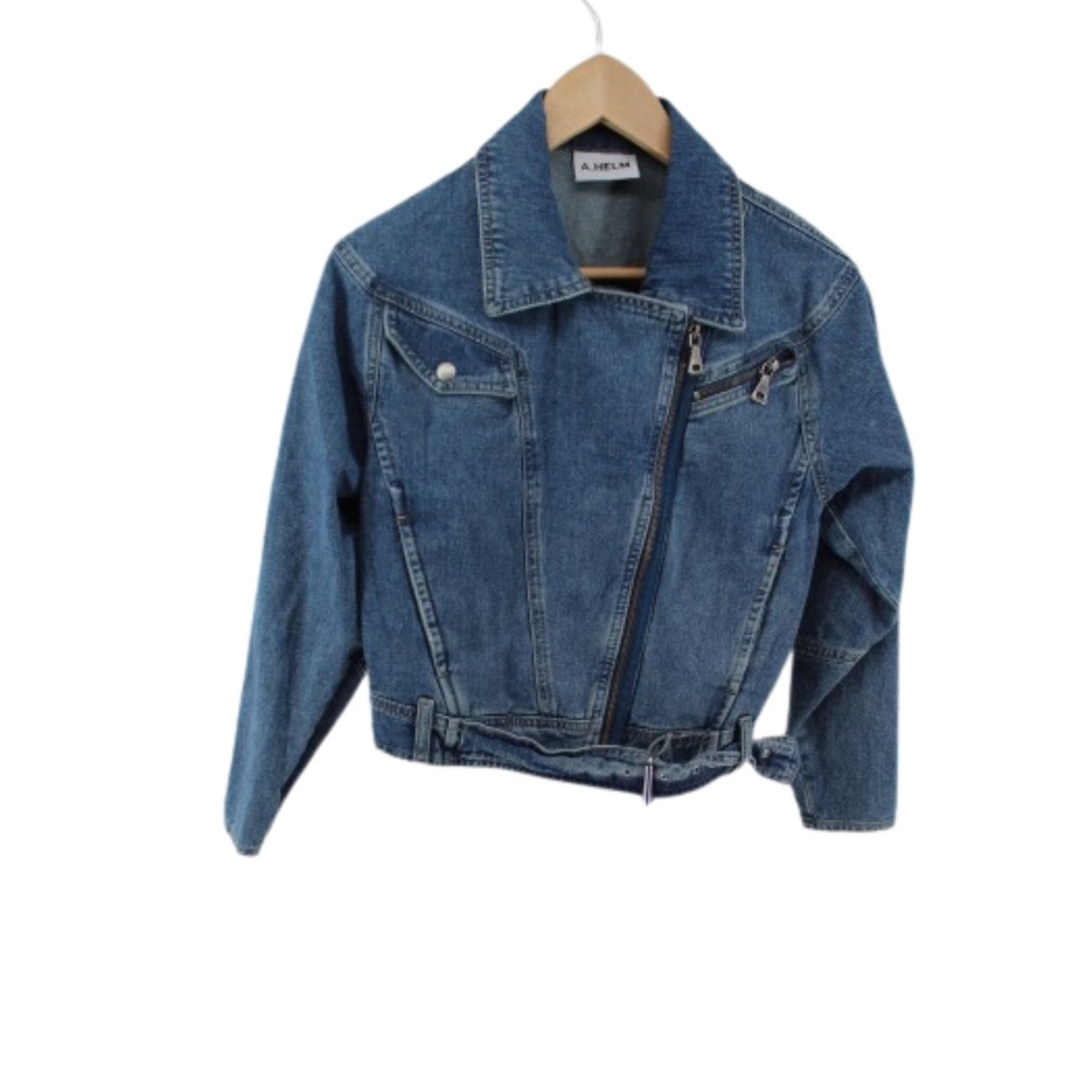 A. Helm Cropped Moto Jean Jacket Women's Small Blue Denim‎